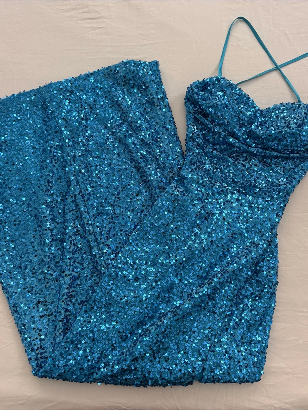 Turquoise blue sequin maxi dress with cross lace up open back